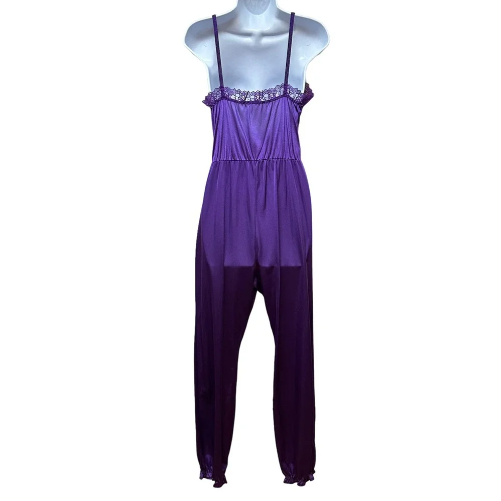 Lady Cameo Nylon Satin Negligee Jumpsuit PJ's Loungewear Jeannie Leg Size S